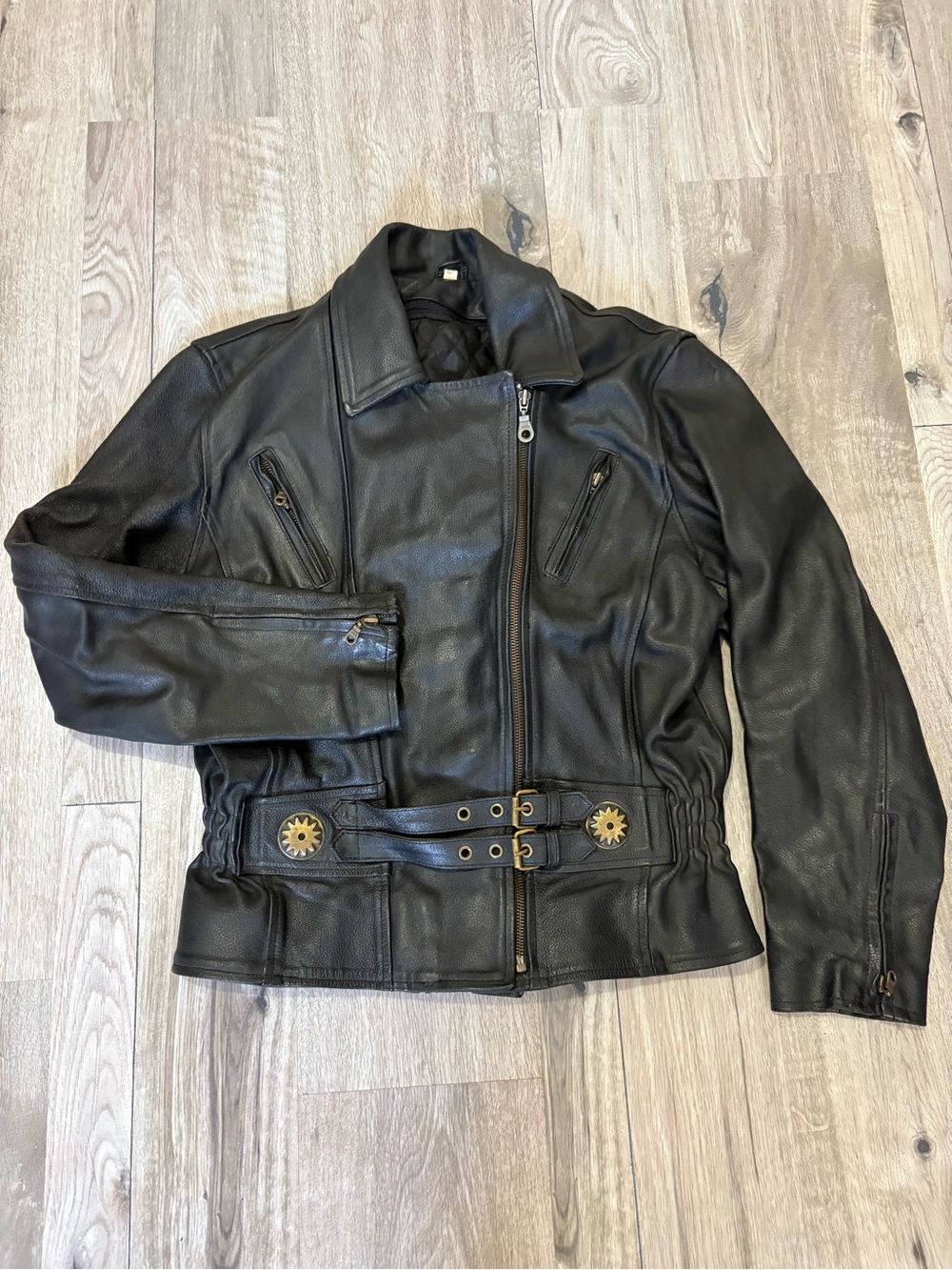 Vintage Black Leather Women's Jacket with Decorative Belt